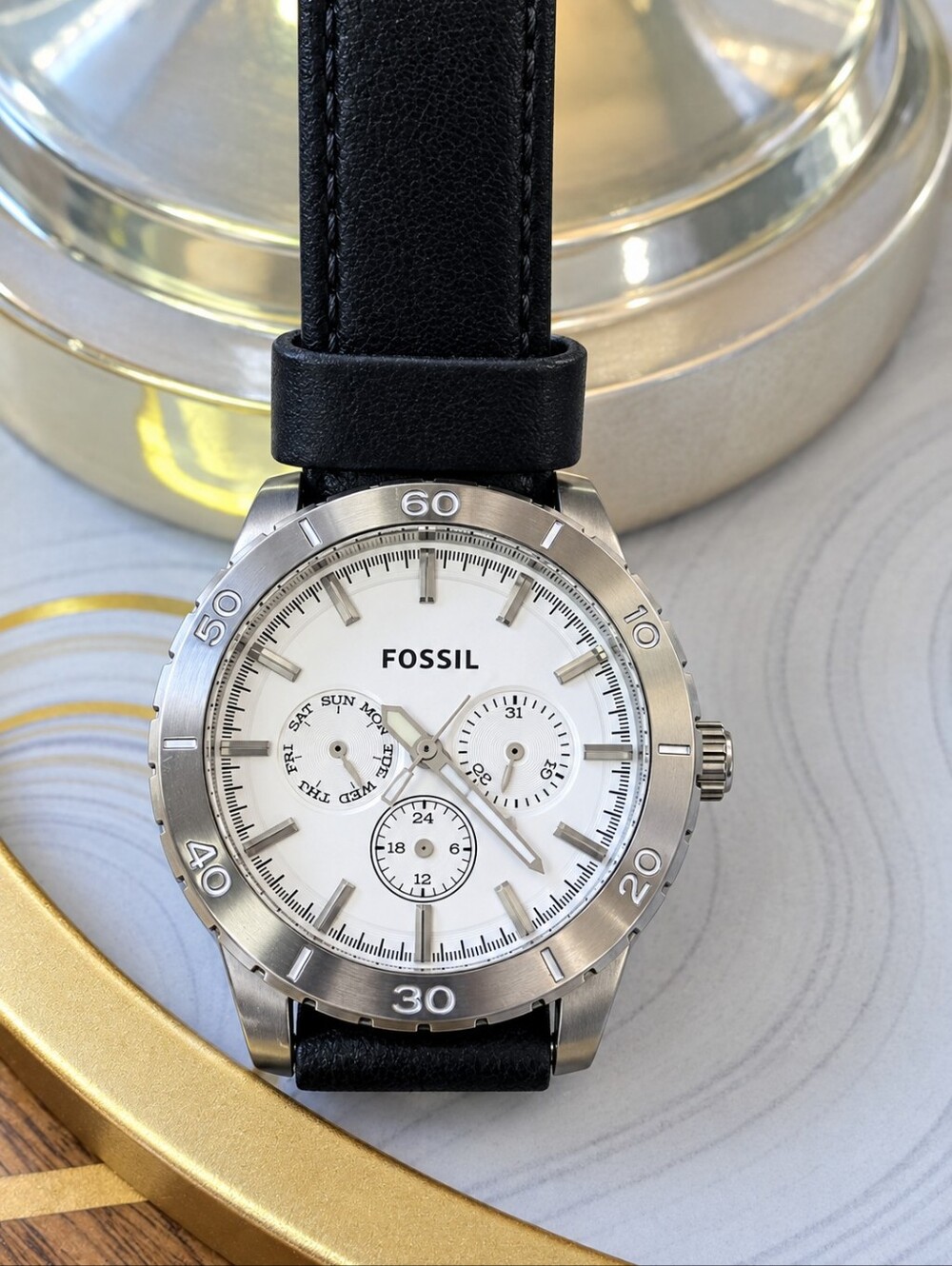 Fossil Men's Black Leather Strap Chronograph Watch - White Dial Missing Hands